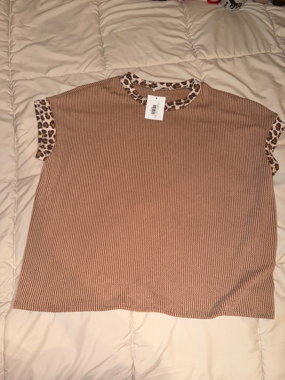 Lovely Melody Camel Knit Top with Leopard Trim